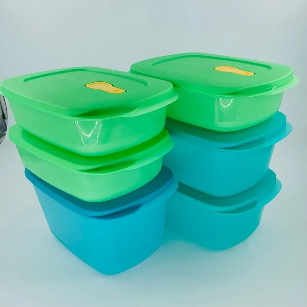 Tupperware Crystalwave Plus 12 Piece 6 Bowls Lids Green Blue Plastic Rectangle